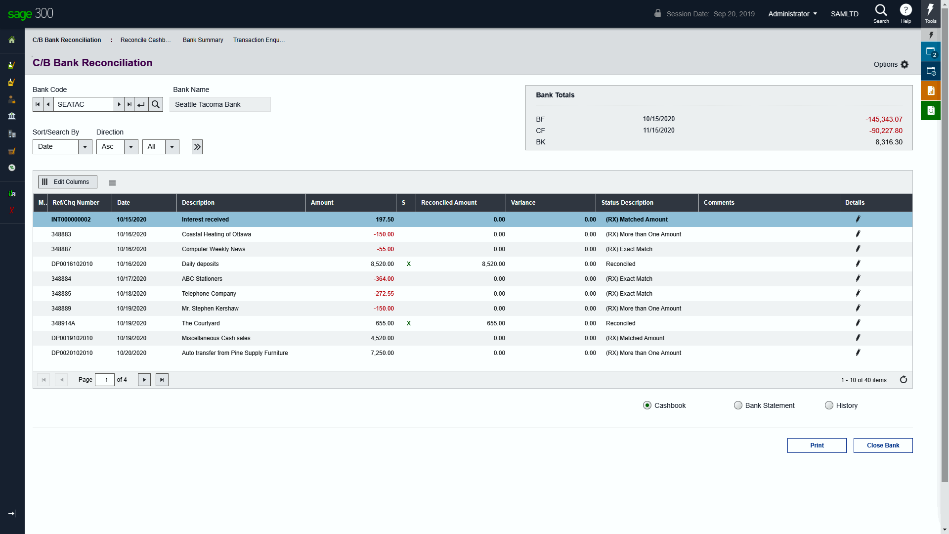 Bank Reconciliation Displays